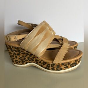 Joseph Pliner Valri Leopard Print Wedge Sandals - Tan Sz 7M 3.5 Height